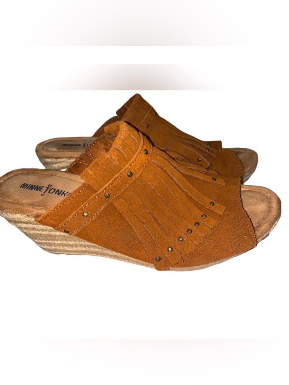 Minnetonka Quinn Suede Fringe Espadrille Sandal Peep Toe Wedge Size 8